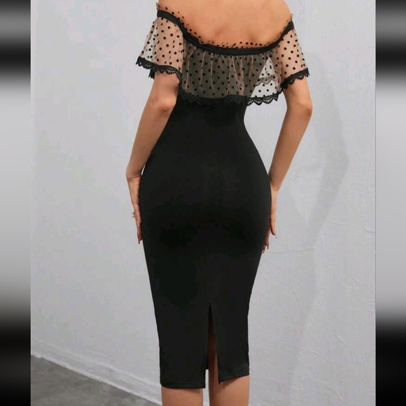 Wedding Guests Elegant Polka Mesh Off Shoulder Ruffle Trim Button Front Bodycon - Picture 2 of 4